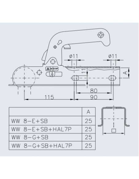 Boitier attache remorque tube carré 60 mm800 kg + support Winterhoff WW 8-G